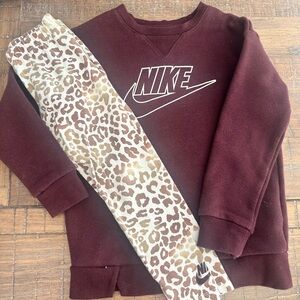 Nike Kids Burgundy Sweatshirt and Leopard Print Leggings Set
